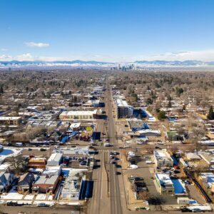 Aerial view of Colfax Avenue, looking West over Denver