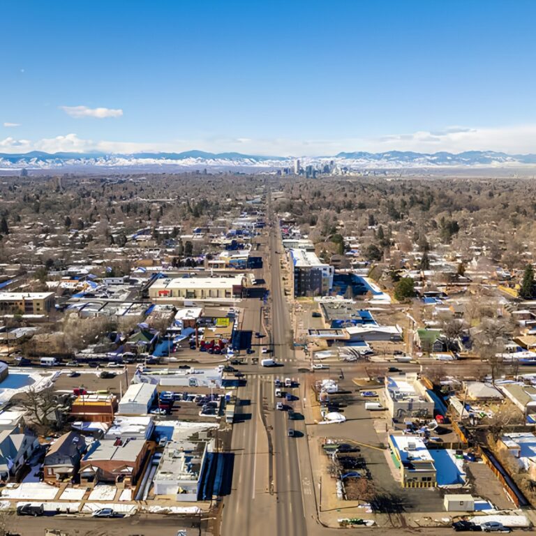 Aerial view of Colfax Avenue, looking West over Denver