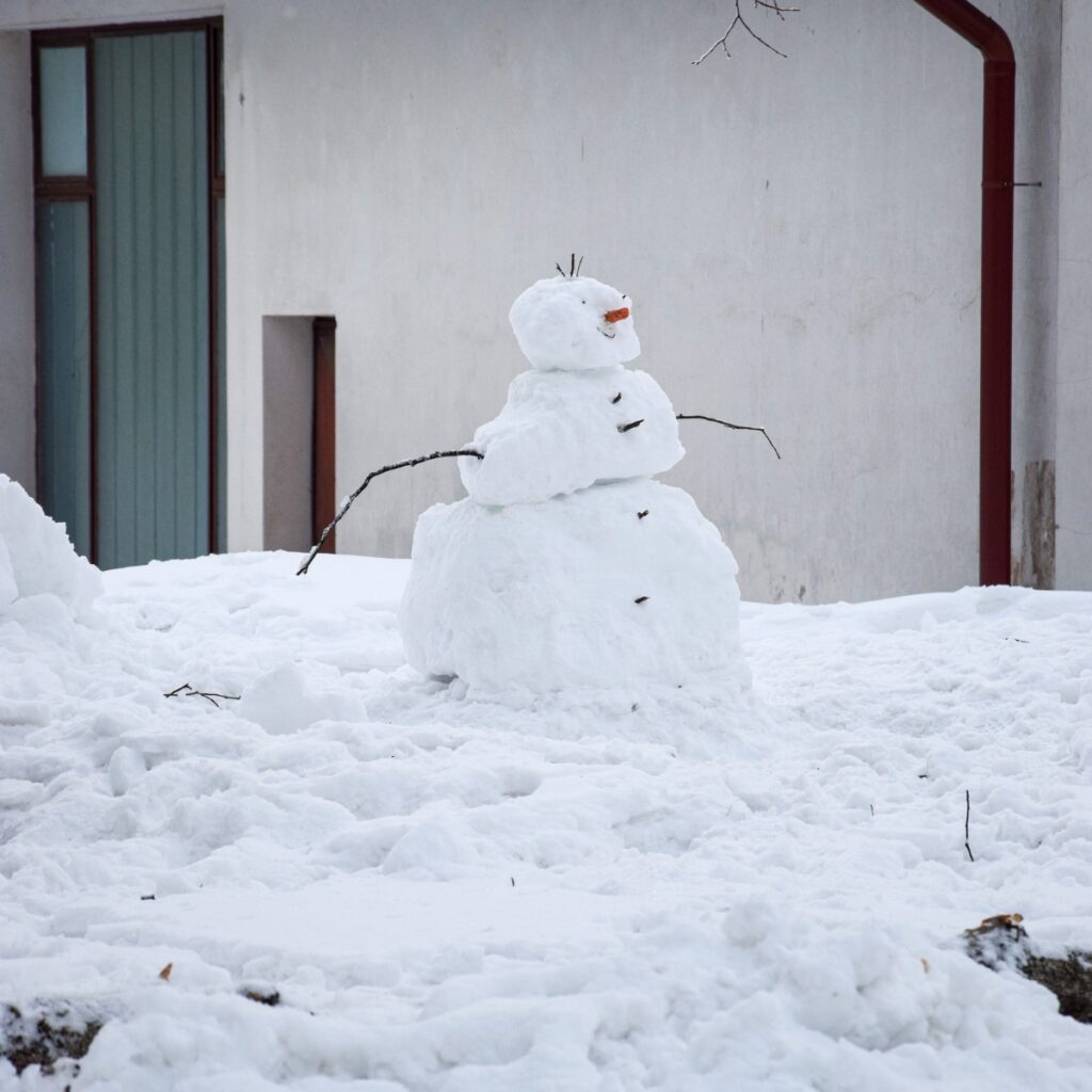Snowman sits in front yard with house behind it.