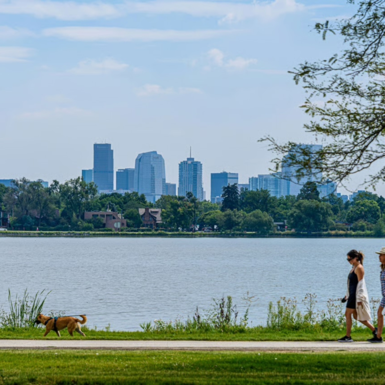 Two women walking a dog at Sloan's Lake, overlooking Downtown Denver.